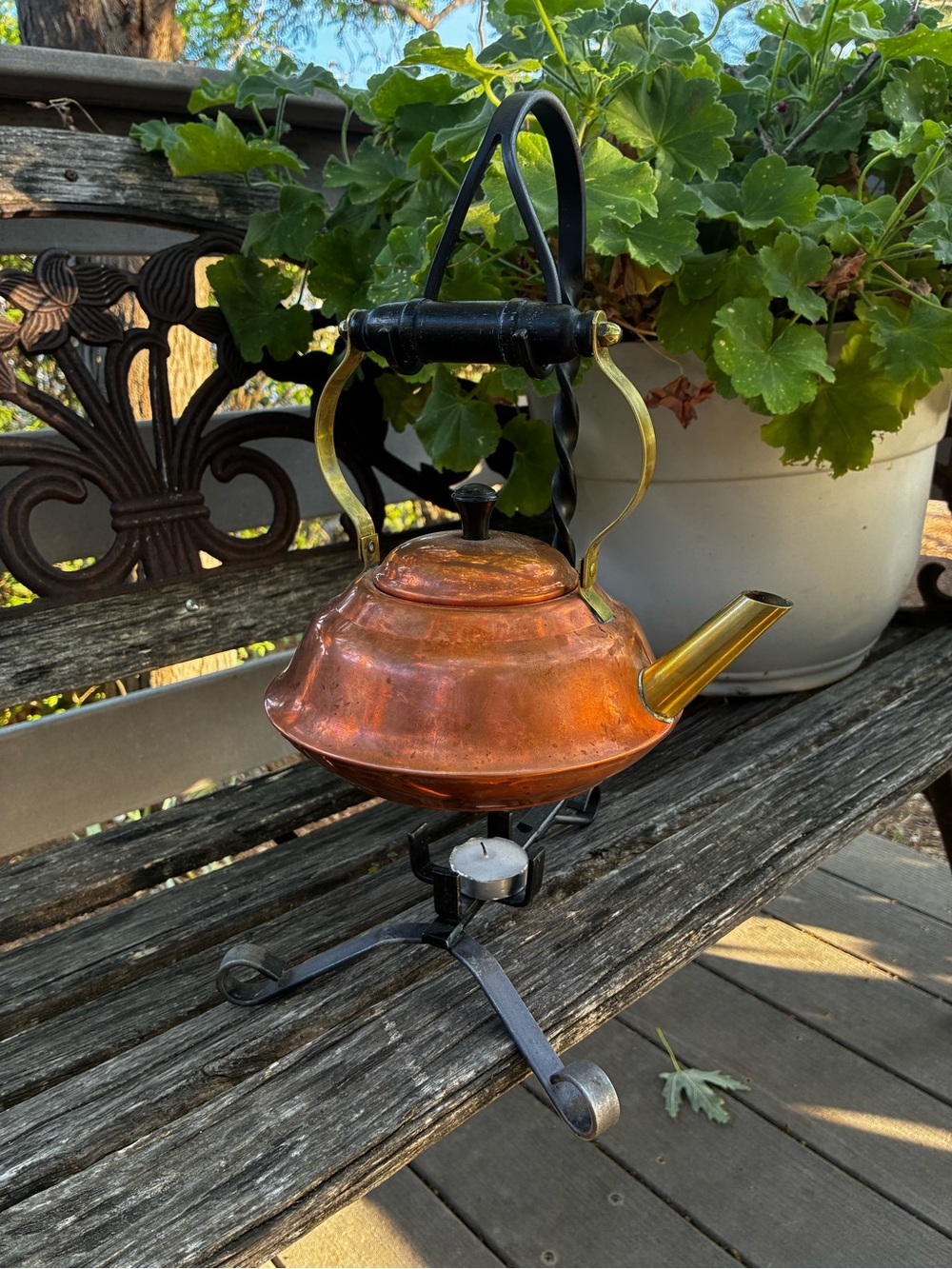 Vintage exterior Copper Tea kettle with Brass Spout and black‎ metal stand